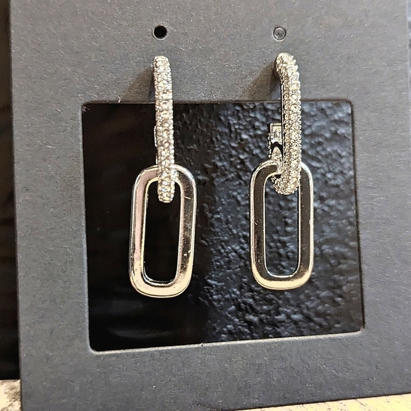 Silver Double Loop Rhinestone Crystal Drop Dangle Stud Earrings Quiet Luxury - Picture 1 of 3